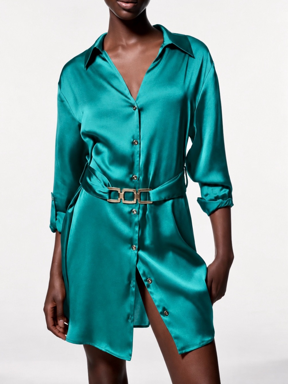 Zara Emerald Teal Satin Shirt Dress with Buckle Belt